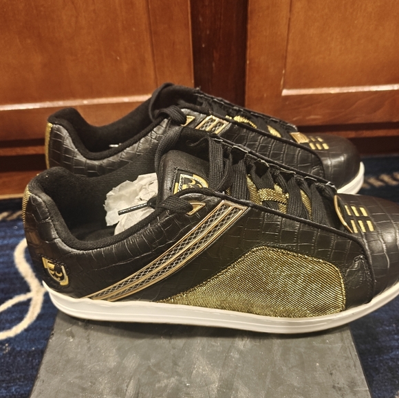 Lexani Swagga Sneakers Men’s Size 11 Black Gold Leather Lace-Up Shoes w/ Box - Picture 2 of 4